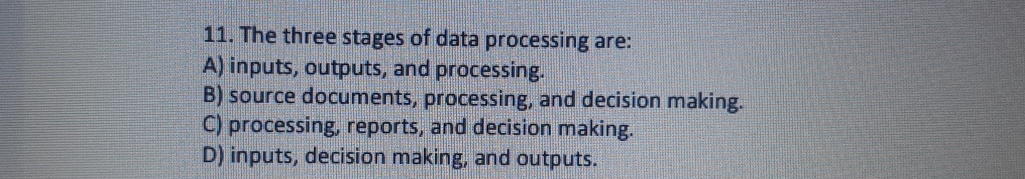 Solved The three stages of data processing are:A) ﻿inputs, | Chegg.com