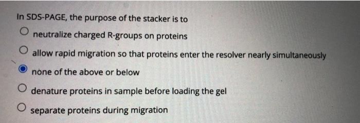 Solved In SDS-PAGE, the purpose of the stacker is to O | Chegg.com
