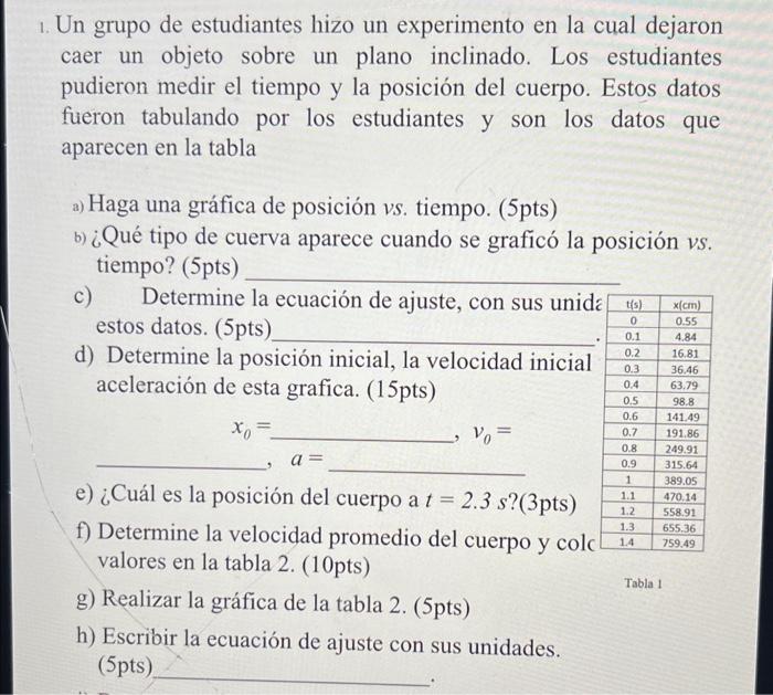 1. Un grupo de estudiantes hizo un experimento en la cual dejaron caer un objeto sobre un plano inclinado. Los estudiantes pu