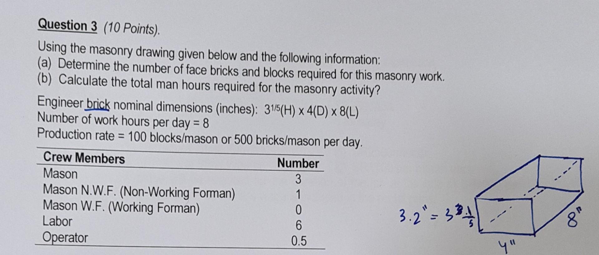 Masonry Practice Problem Solved Question 3 (10 Points). Using the masonry drawing | Chegg.com