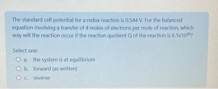 Solved The standard cell potential for a redox reaction is | Chegg.com