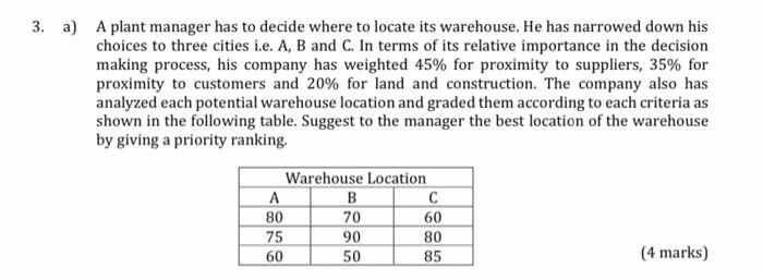 Solved 3. a) A plant manager has to decide where to locate | Chegg.com