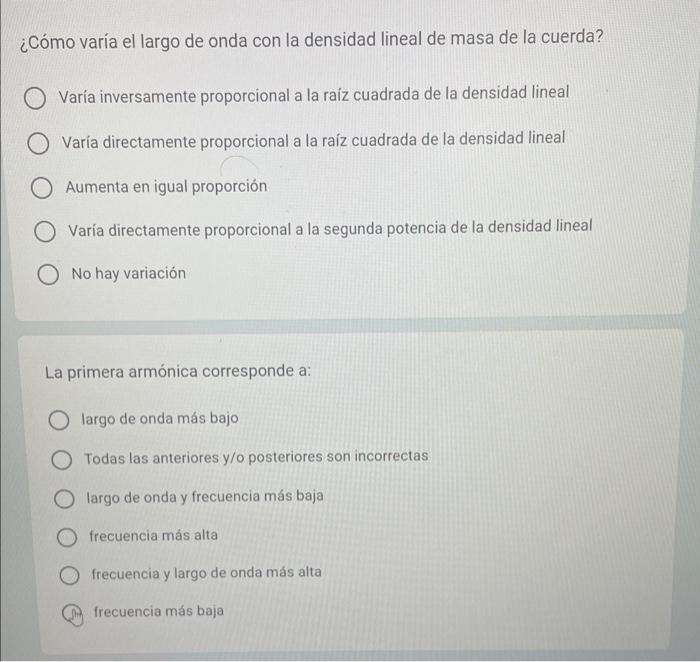 ¿Cómo varía el largo de onda con la densidad lineal de masa de la cuerda? Varía inversamente proporcional a la raíz cuadrada