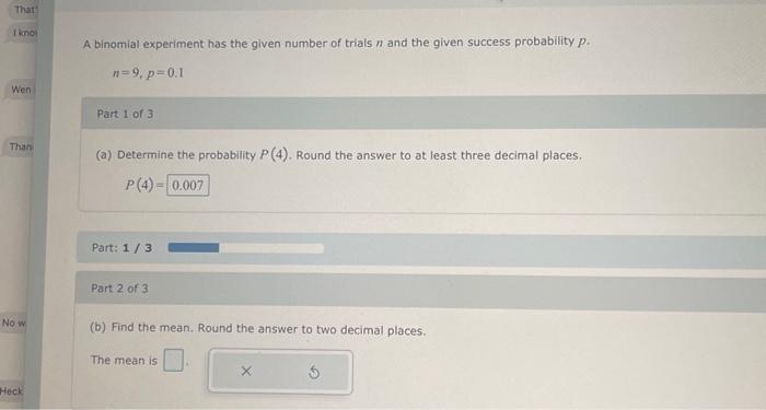 Solved A binomial experiment has the given number of trials | Chegg.com