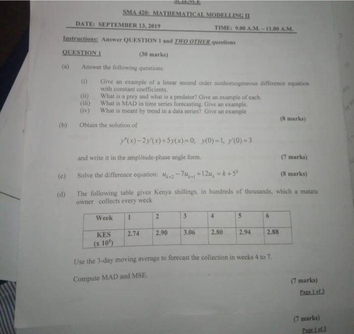 Solved SMA 420: MATHEMATICAL MODELLING II DATE: SEPTEMBER | Chegg.com