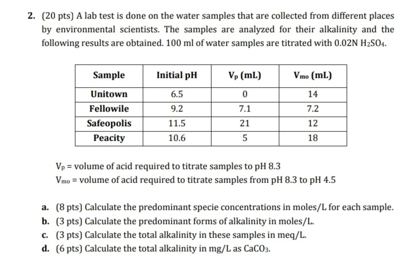 2. (20 pts) A lab test is done on the water samples | Chegg.com