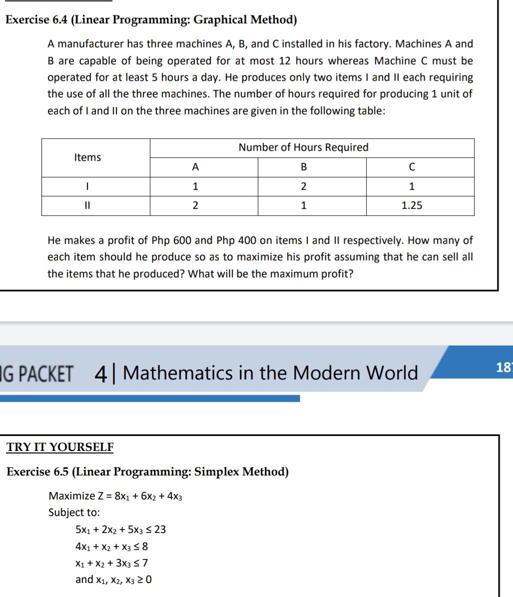 Solved Exercise 6.4 (Linear Programming: Graphical Method) A | Chegg.com