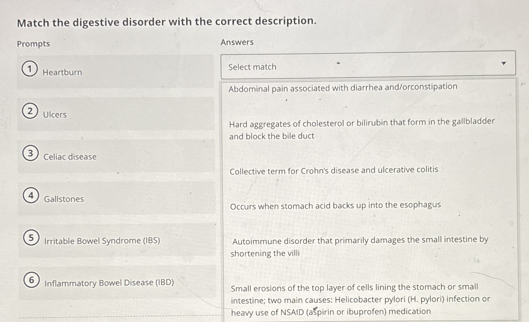 Solved Match the digestive disorder with the correct | Chegg.com