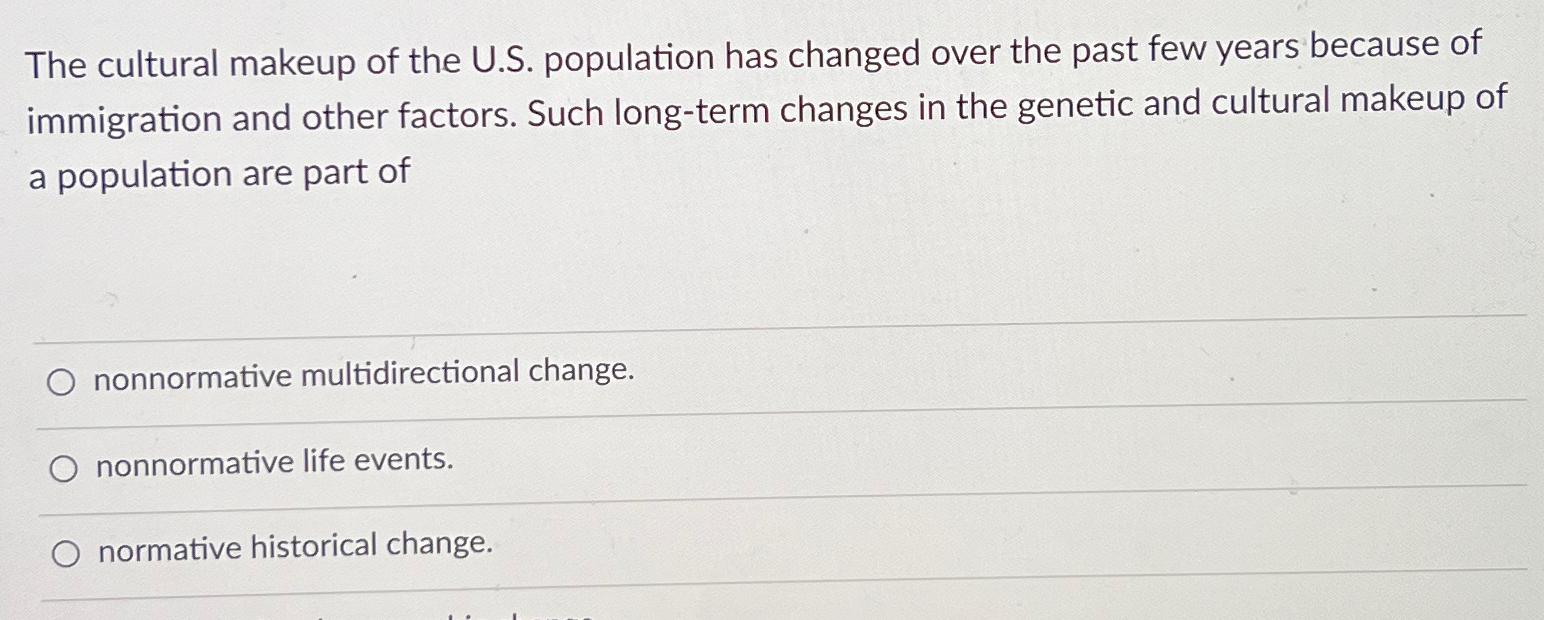 Solved The cultural makeup of the U.S. ﻿population has | Chegg.com