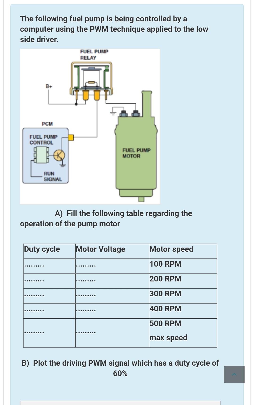 Solved The following fuel pump is being controlled by a | Chegg.com