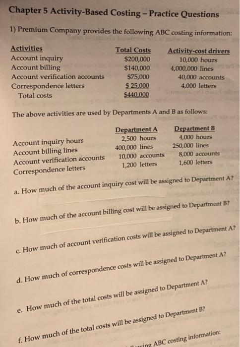 Solved Chapter 5 Activity-Based Costing - Practice Questions | Chegg.com