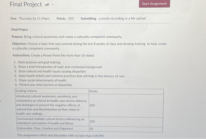 Final Project Start Assignment Due Thursday by | Chegg.com