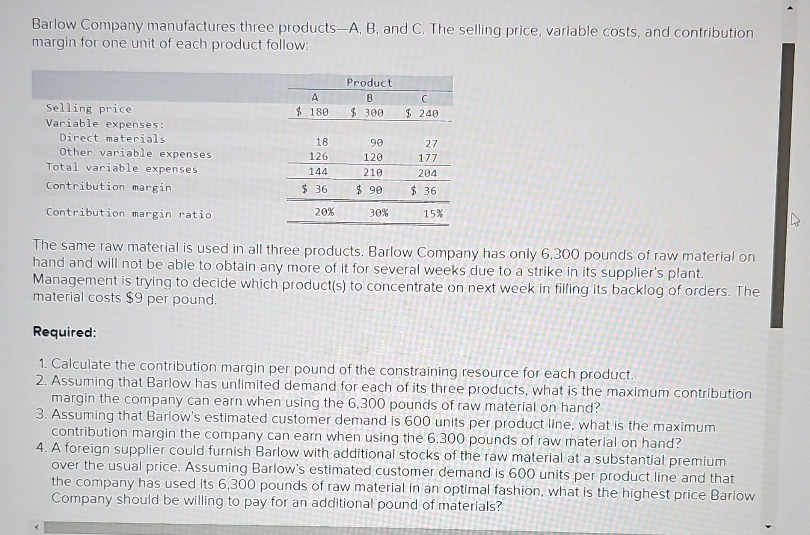 Solved Barlow Company Manufactures Three Products - A, B, | Chegg.com