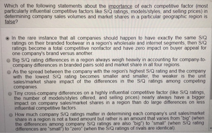 Which of the following statements about the importance of each competitive factor (most particularly influential competitive