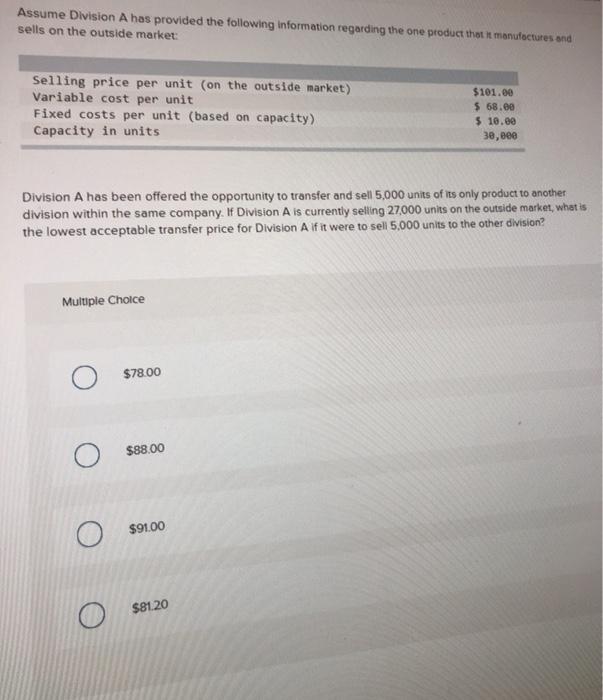 Solved Assume Division A has provided the following | Chegg.com