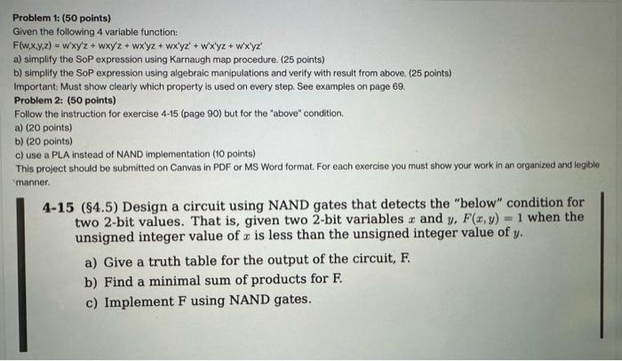 Solved Problem 1: (50 points) Given the following 4 variable | Chegg.com