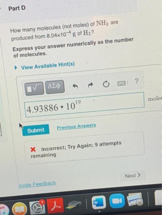 Solved Part D How Many Molecules Not Moles Of Nh3 Are 8996