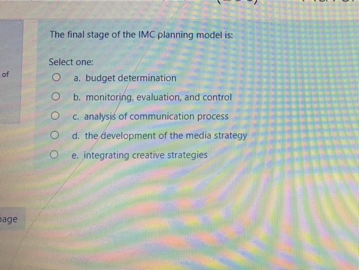 Solved The Final Stage Of The Imc Planning Model Is Of S Chegg Com