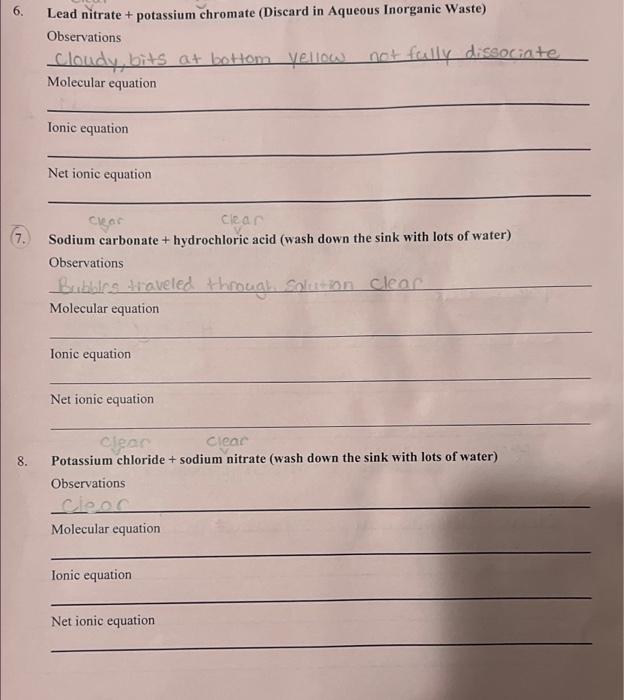 Solved 6. Lead nitrate + potassium chromate (Discard in