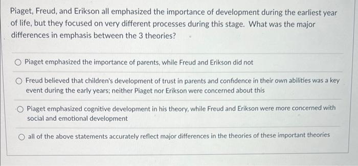 Solved Piaget Freud and Erikson all emphasized the Chegg