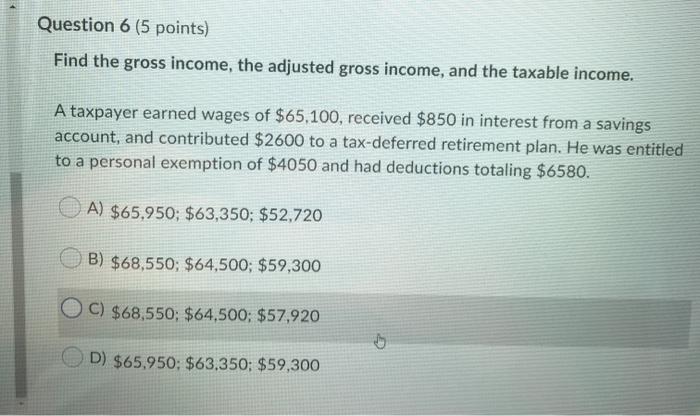 Solved Question 6 (5 points) Find the gross income, the | Chegg.com