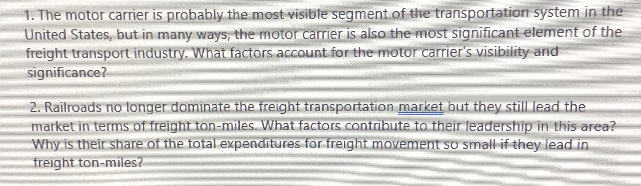 Solved The motor carrier is probably the most visible | Chegg.com