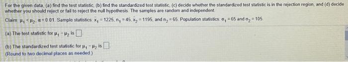 Solved For The Given Data, (a) Find The Test Statistic, (b) | Chegg.com