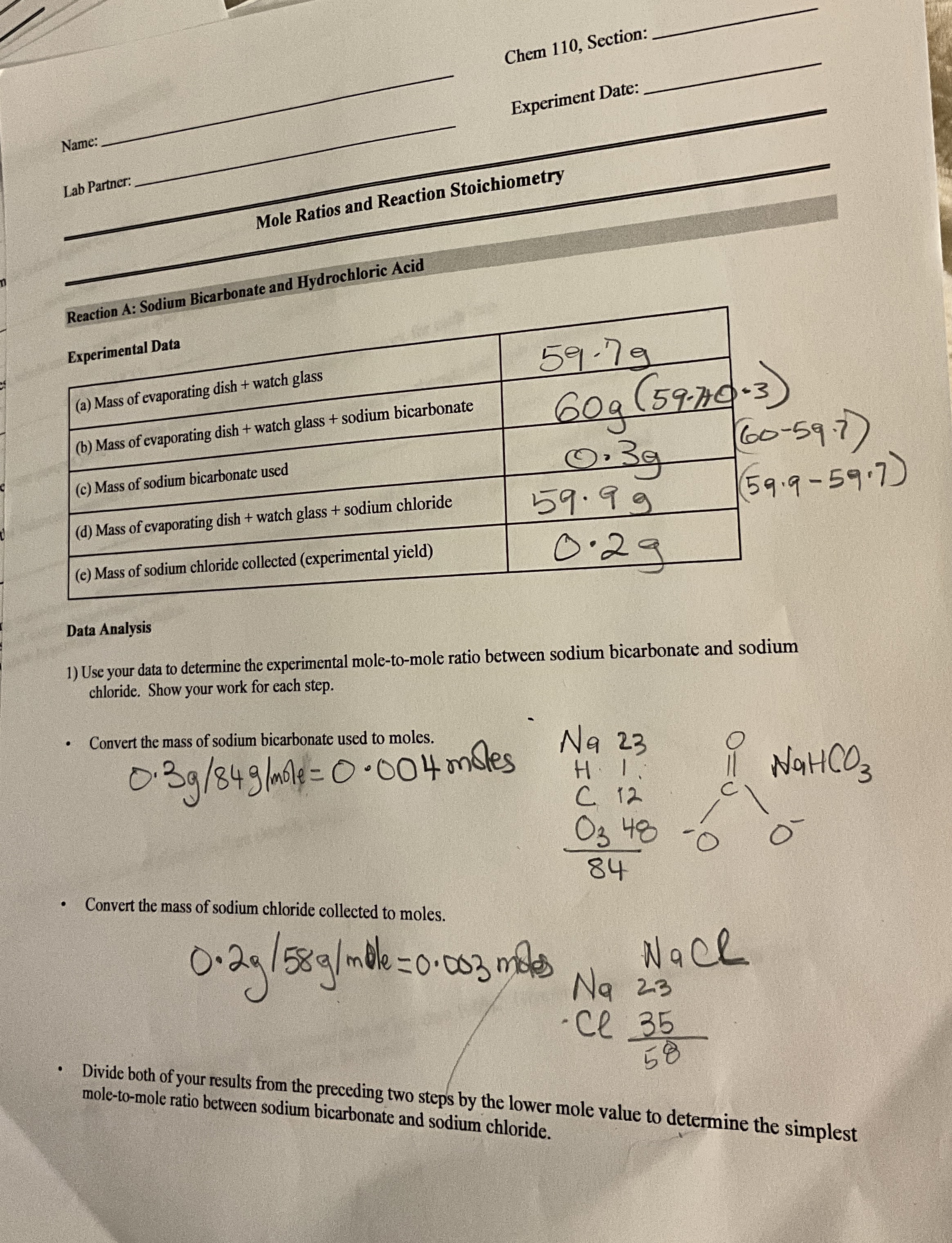 Chem 110, ﻿Sectionq,Experiment Dateq,Name q,Lab