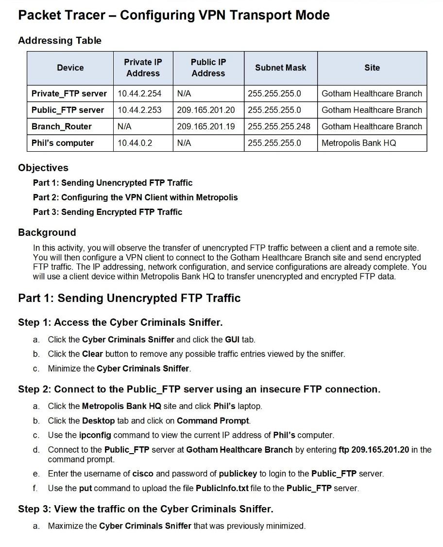 Solved Packet Tracer - Configuring VPN Transport Mode | Chegg.com