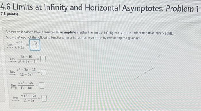 Solved 4.6 Limits at Infinity and Horizontal Asymptotes: | Chegg.com