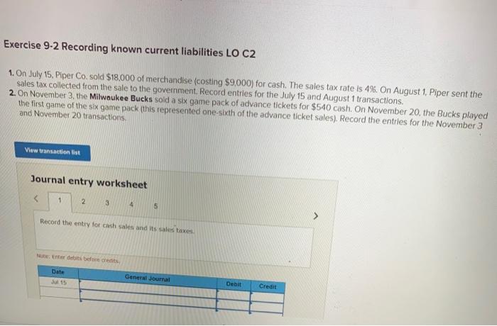 Solved Exercise 9-2 Recording Known Current Liabilities LO | Chegg.com