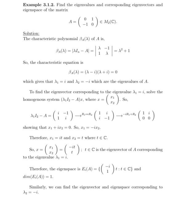 Solved Example 3.1.2. Find the eigenvalues and corresponding | Chegg.com