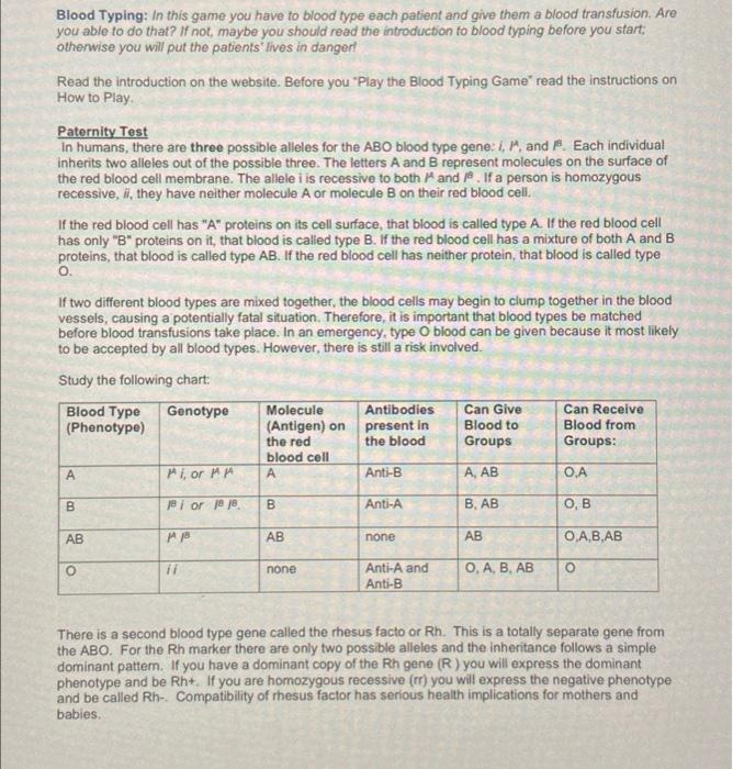 The Blood Typing Game - about blood groups, blood typing and blood  transfusions