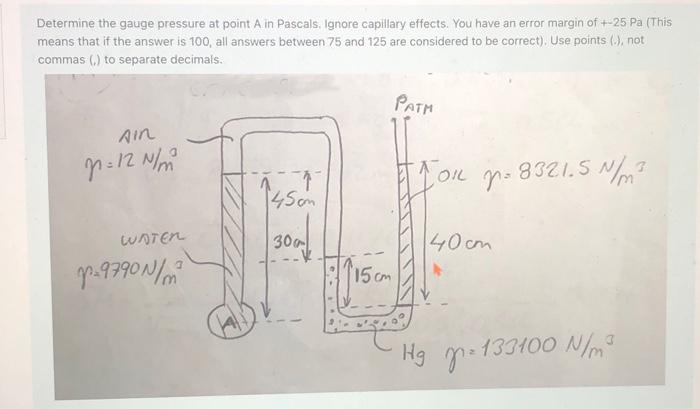 Solved Determine the gauge pressure at point A in Pascals, | Chegg.com