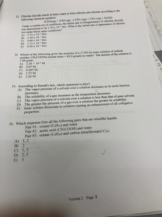 1. 33. Chlorine dioxide reacts in basic water to form