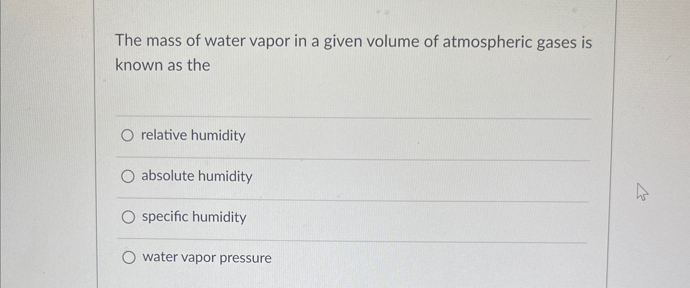Solved The mass of water vapor in a given volume of | Chegg.com
