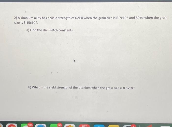 Solved 2) A titanium alloy has a yield strength of 62ksi