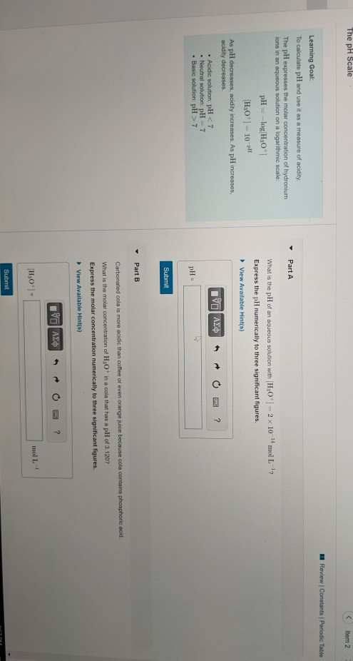 Solved The pH Scale Item 2 Review Constants Periodic Table v | Chegg.com