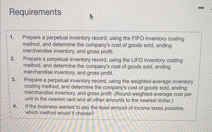 Requirements
1. Prepare a perpetual inventory record, using the FIFO inventory costing method, and determine the companys co