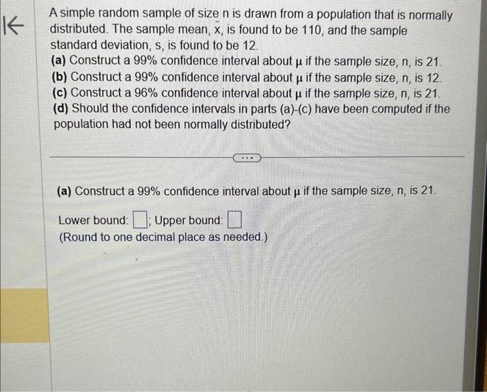 Solved A simple random sample of size n is drawn from a | Chegg.com