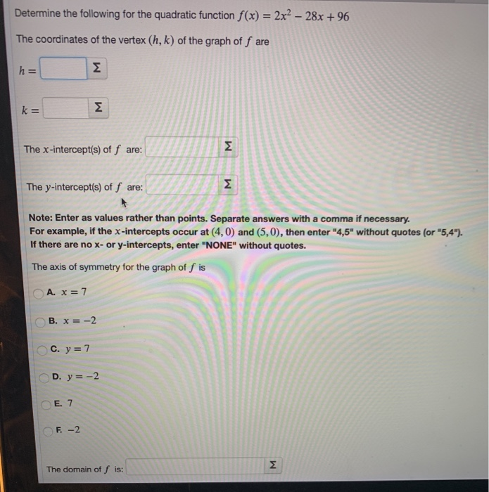 Solved Determine the following for the quadratic function | Chegg.com