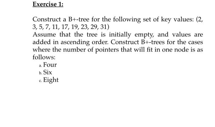 Solved Exercise 1: Construct A B+-tree For The Following Set | Chegg.com