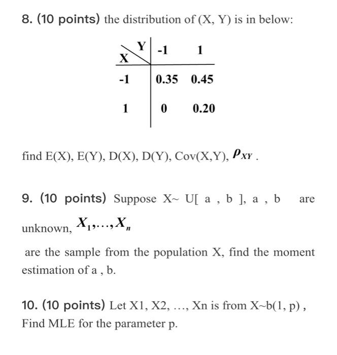 Solved 8. (10 points) the distribution of (X,Y) is in below