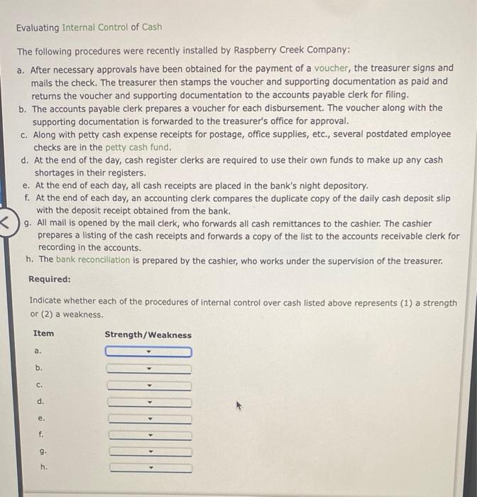 solved-evaluating-internal-control-of-cash-the-following-chegg