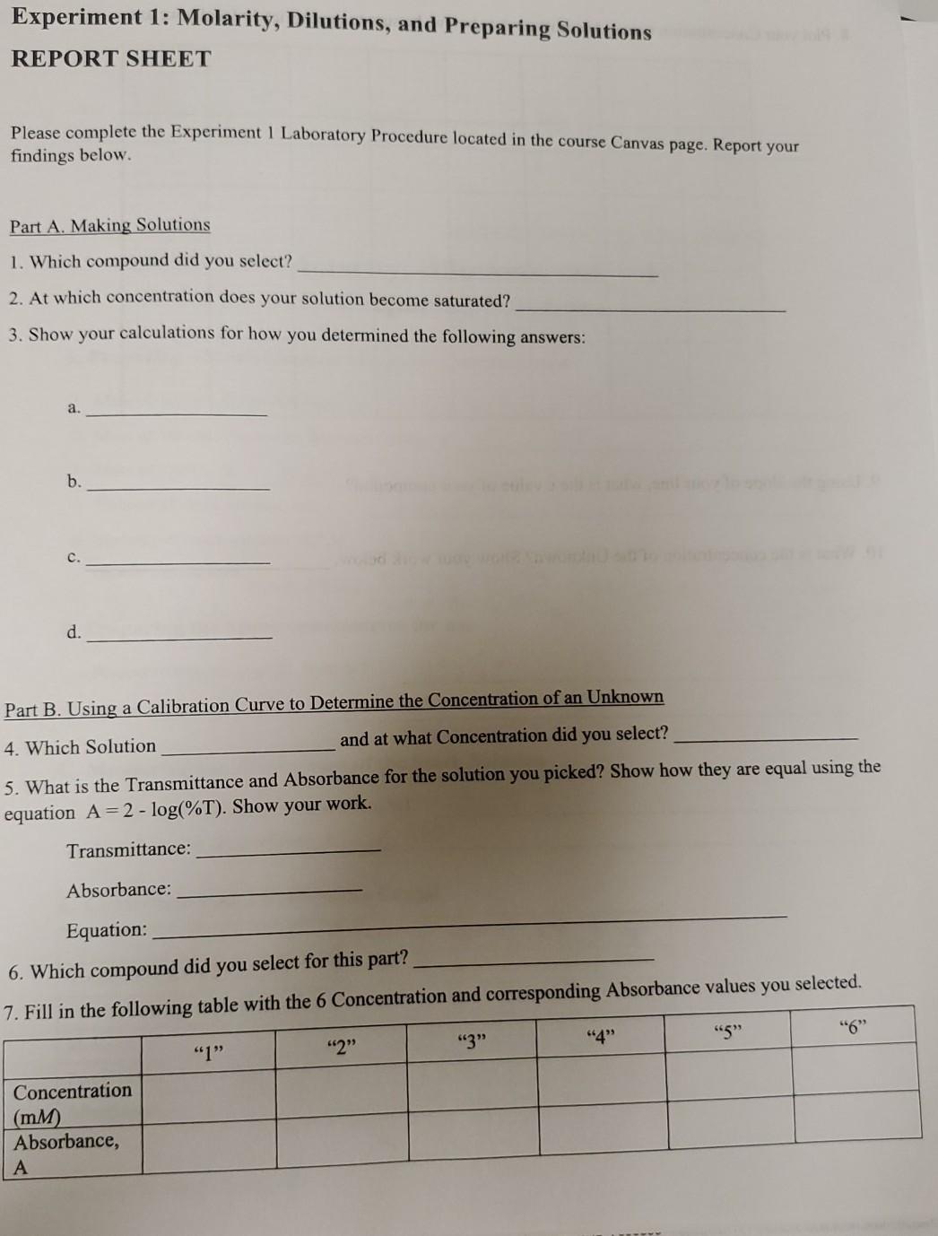 Experiment 1 Molarity, Dilutions, and Preparing