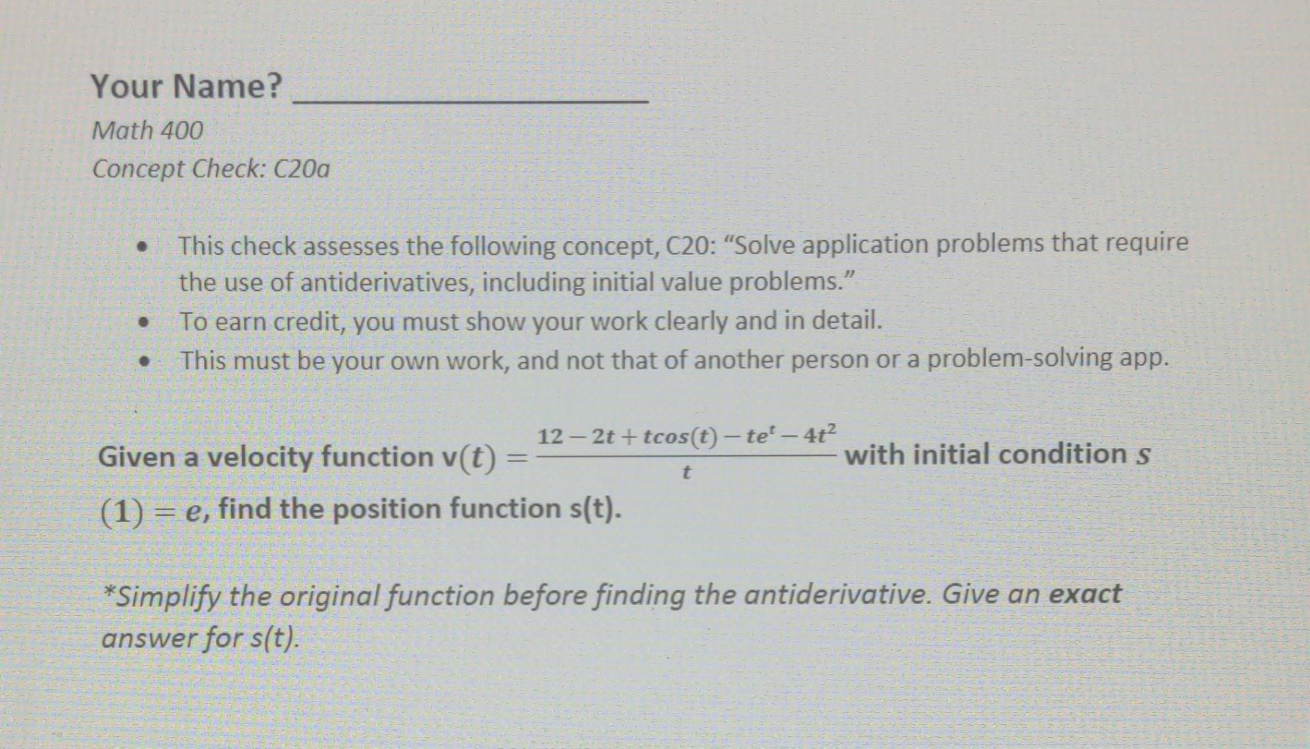 Solved Your Name? Math 400 Concept Check: C20a This check | Chegg.com