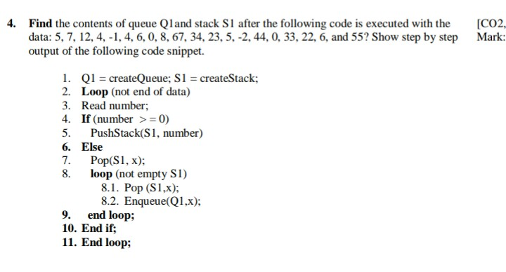 Solved [CO2 Mark: 4. Find the contents of queue Qland stack | Chegg.com