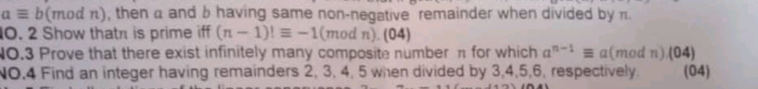 Solved A≡b(modn), Then A And B Having Same Non-negative | Chegg.com