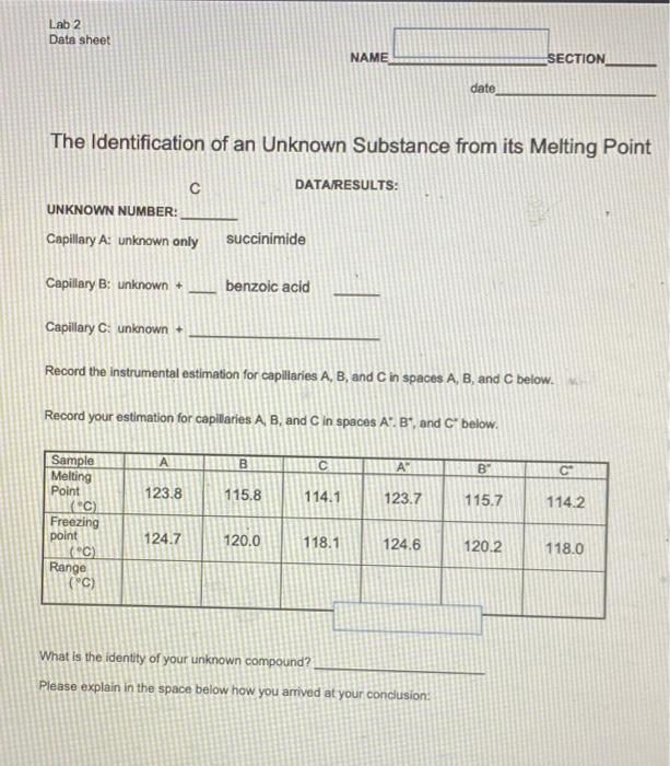 Lab 2 Data sheet NAME SECTION date The Identification | Chegg.com