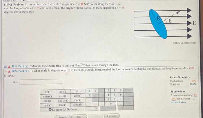 Solved (11%) Problem 1: A Uniform Electric Field Of | Chegg.com